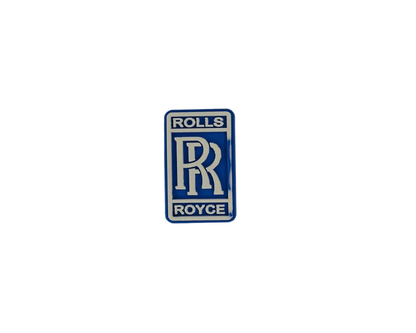 a blue and white sticker with the words rolls royce on it