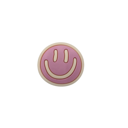 a pink and white smiley face on a white background