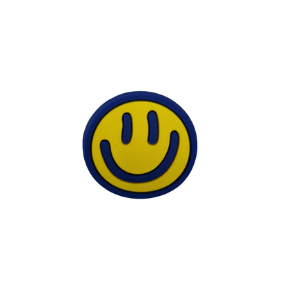 a yellow and blue smiley face on a white background