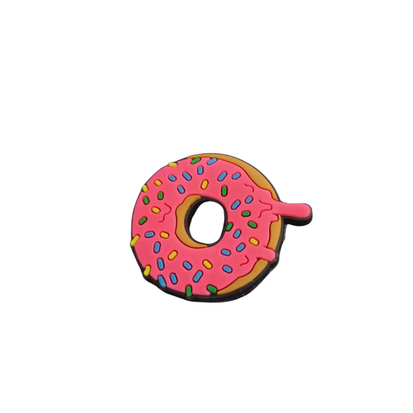 a pink donut with sprinkles on a white background