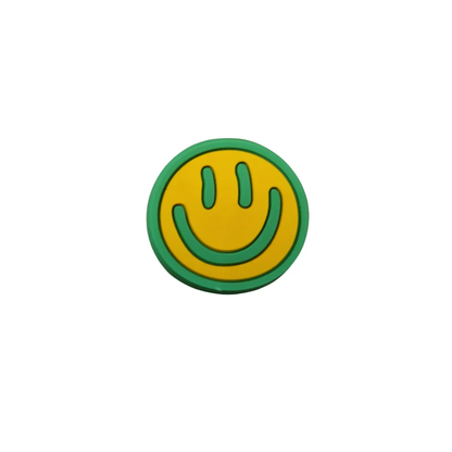 a yellow and green smiley face on a white background