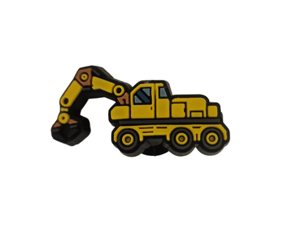 a yellow and black pin with a construction vehicle on it