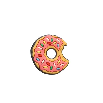 a pink donut with sprinkles on a white background